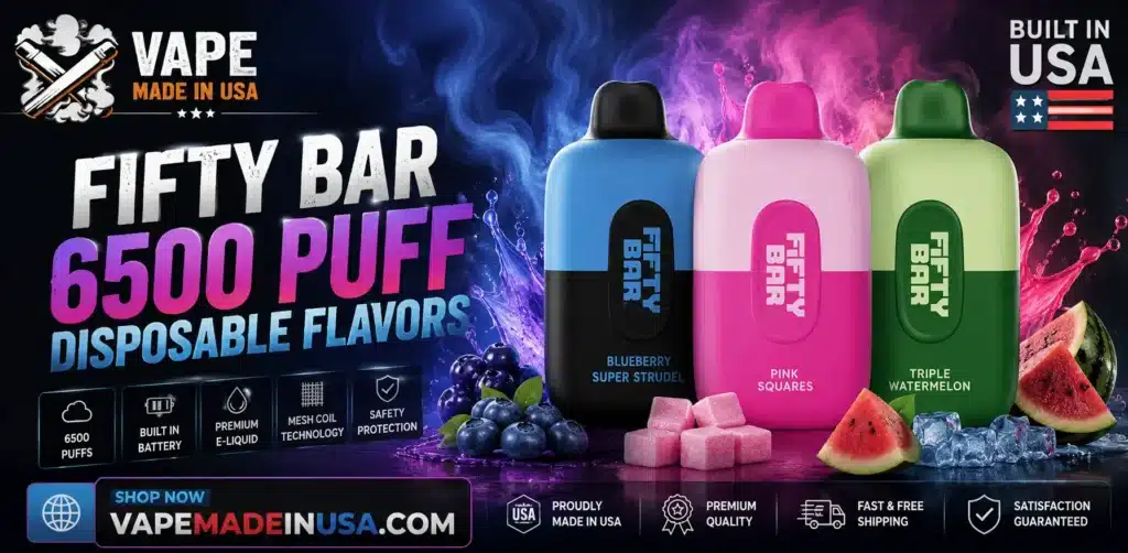 Fifty Bar 6500 puff disposable flavors collection with colorful device lineup