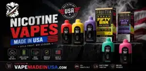 Premium selection of nicotine vapes made in USA featuring American-made e-liquid.