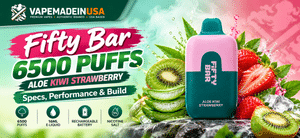 Fifty Bar 6500 Puffs Aloe Kiwi Strawberry disposable vape featuring a teal and pink design