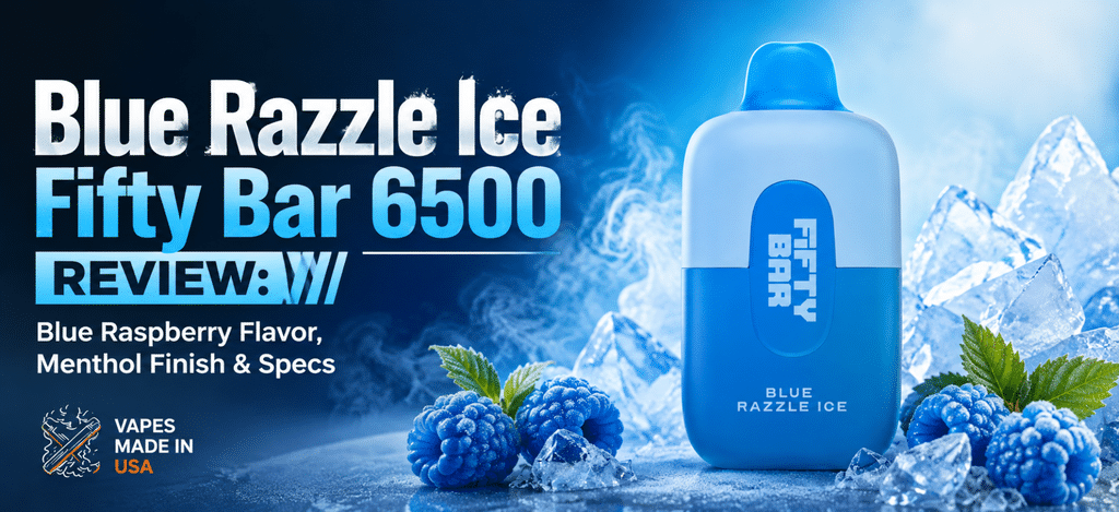 Blue Razzle Ice Fifty Bar 6500 review featuring the blue raspberry disposable vape with icy visuals and menthol flavor theme.