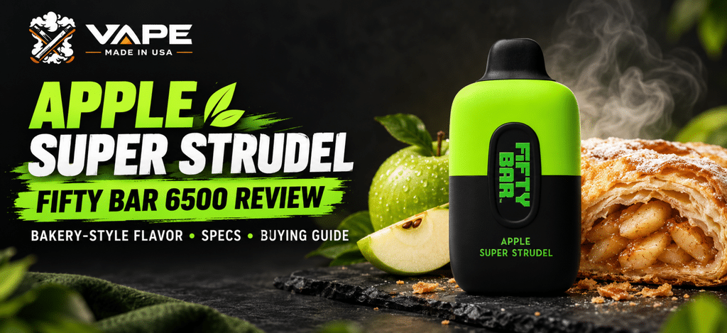 Apple Super Strudel Fifty Bar 6500 vape with green apples and apple strudel on a dark background