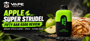 Apple Super Strudel Fifty Bar 6500 vape with green apples and apple strudel on a dark background
